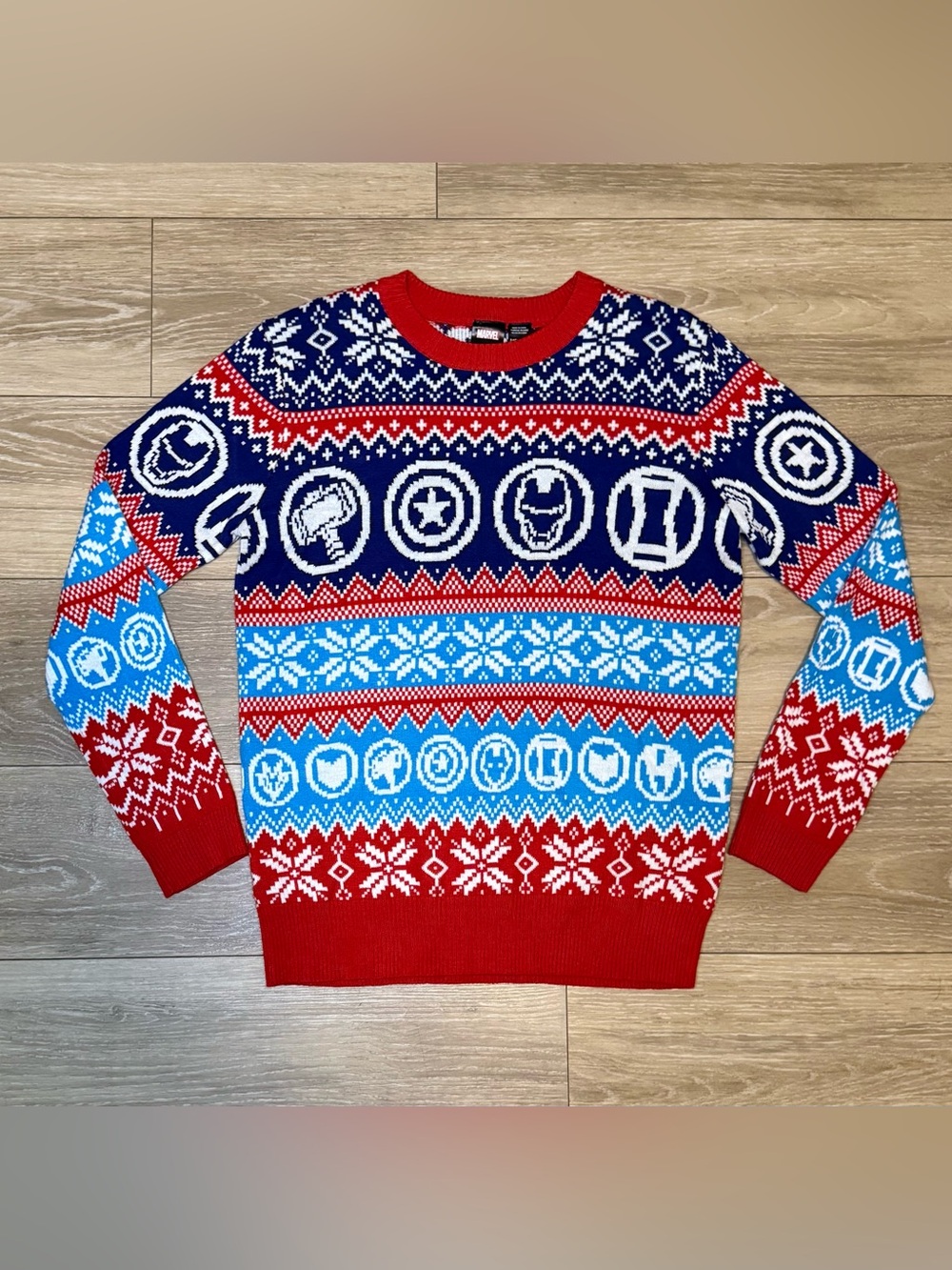 Marvel Men's Red, Blue & White Crewneck Holiday Ugly Sweater